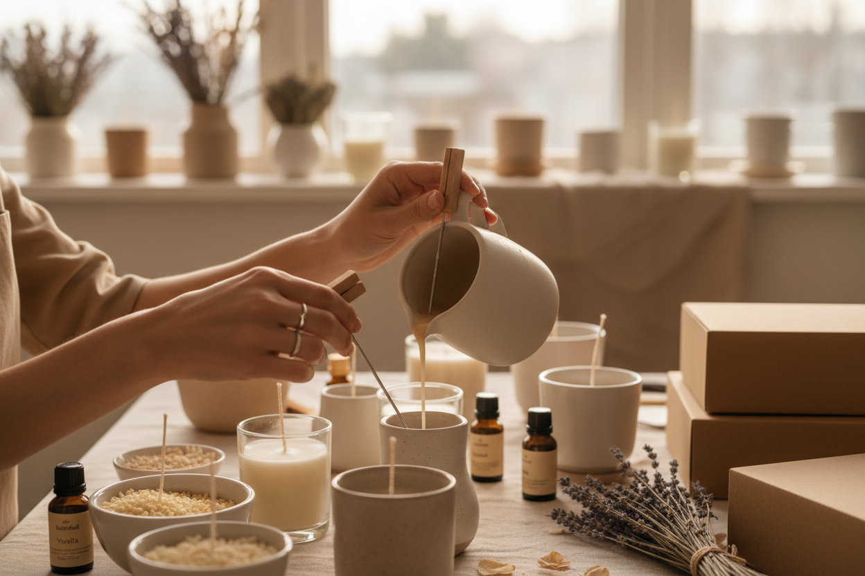 Artisan hands crafting candles